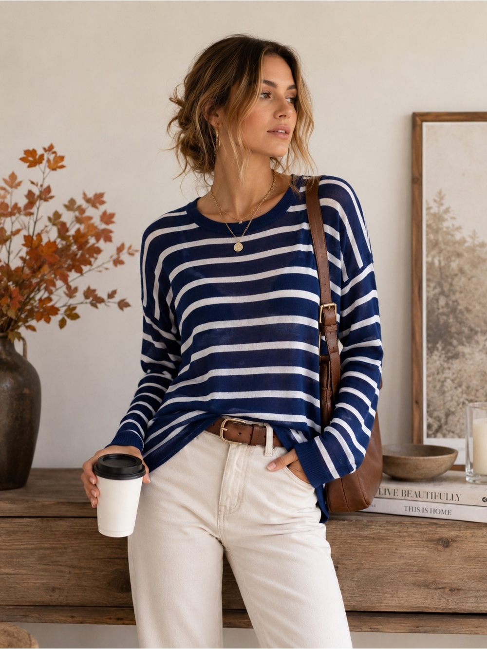 Chaser Blue White Striped Lightweight Knit Sweater Crew Neck Pullover M NWT